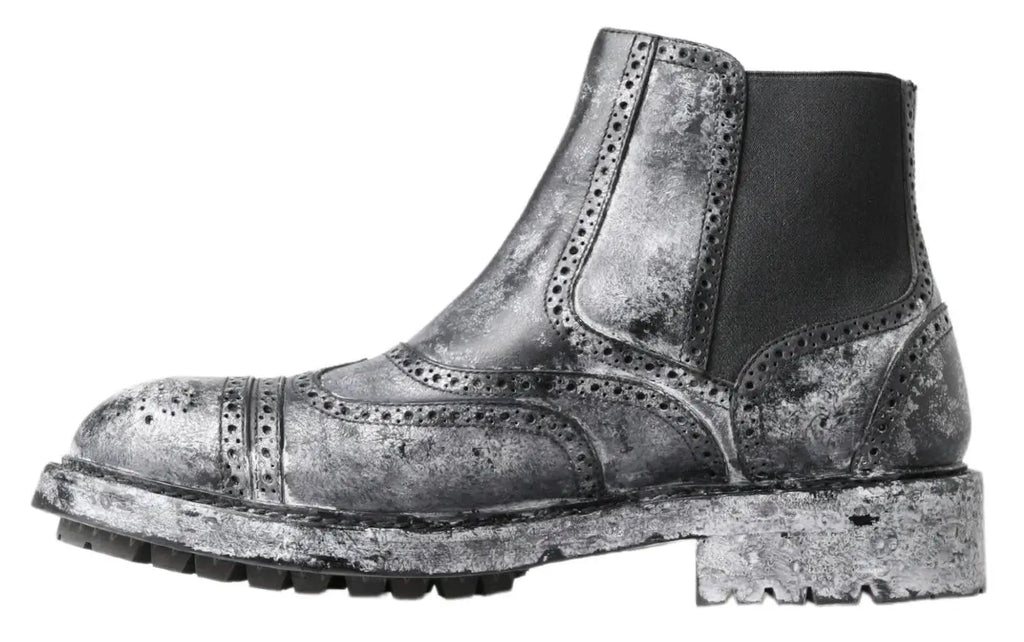 Dolce & gabbana black gray leather ankle boots with silver distressed leather chelsea design and brogue detailing