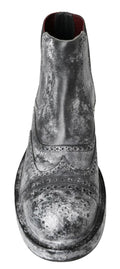 Dolce & gabbana bottines en cuir noir gris avec boots chelsea en cuir argenté vieilli et doublure intérieure rouge