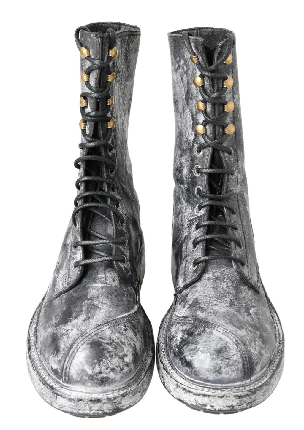 Bottes mi-mollet en cuir noir et gris dolce gabbana avec oeillets dorés et lacets style combat usé
