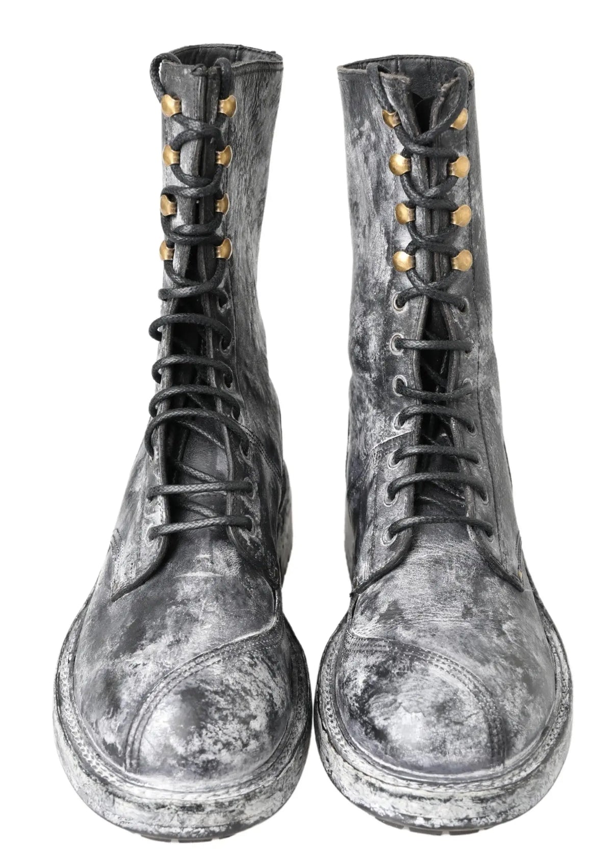 Bottes mi-mollet en cuir noir et gris dolce gabbana avec oeillets dorés et lacets style combat usé