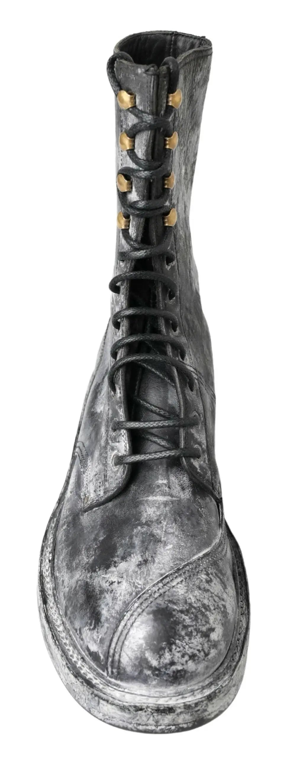 Bottes mi-mollet dolce & gabbana en cuir noir et gris avec cuir argenté vieilli, œillets dorés et lacets noirs