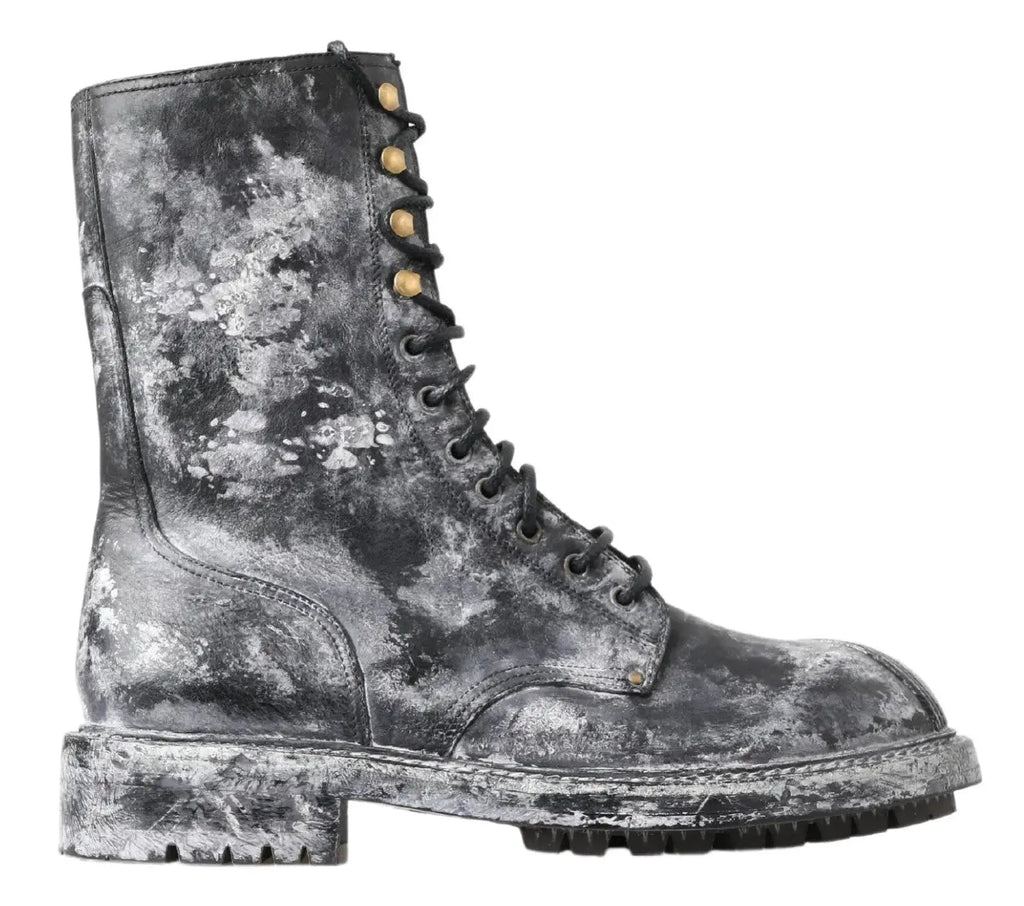 Dolce & gabbana bottes mi-mollet en cuir noir et gris avec œillets dorés style combat usé