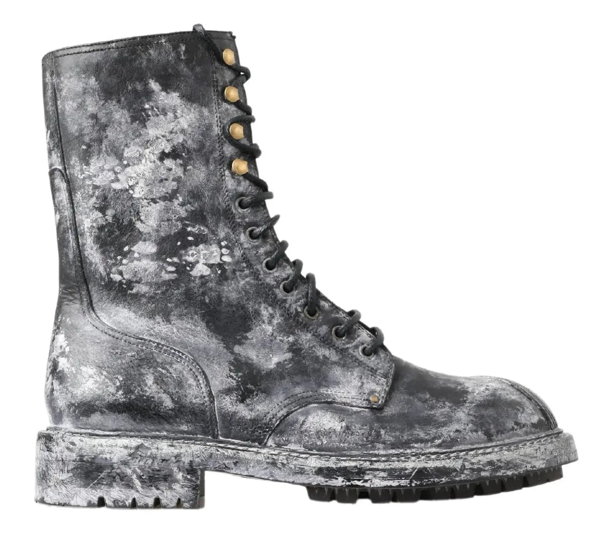 Dolce & gabbana bottes mi-mollet en cuir noir et gris avec œillets dorés style combat usé