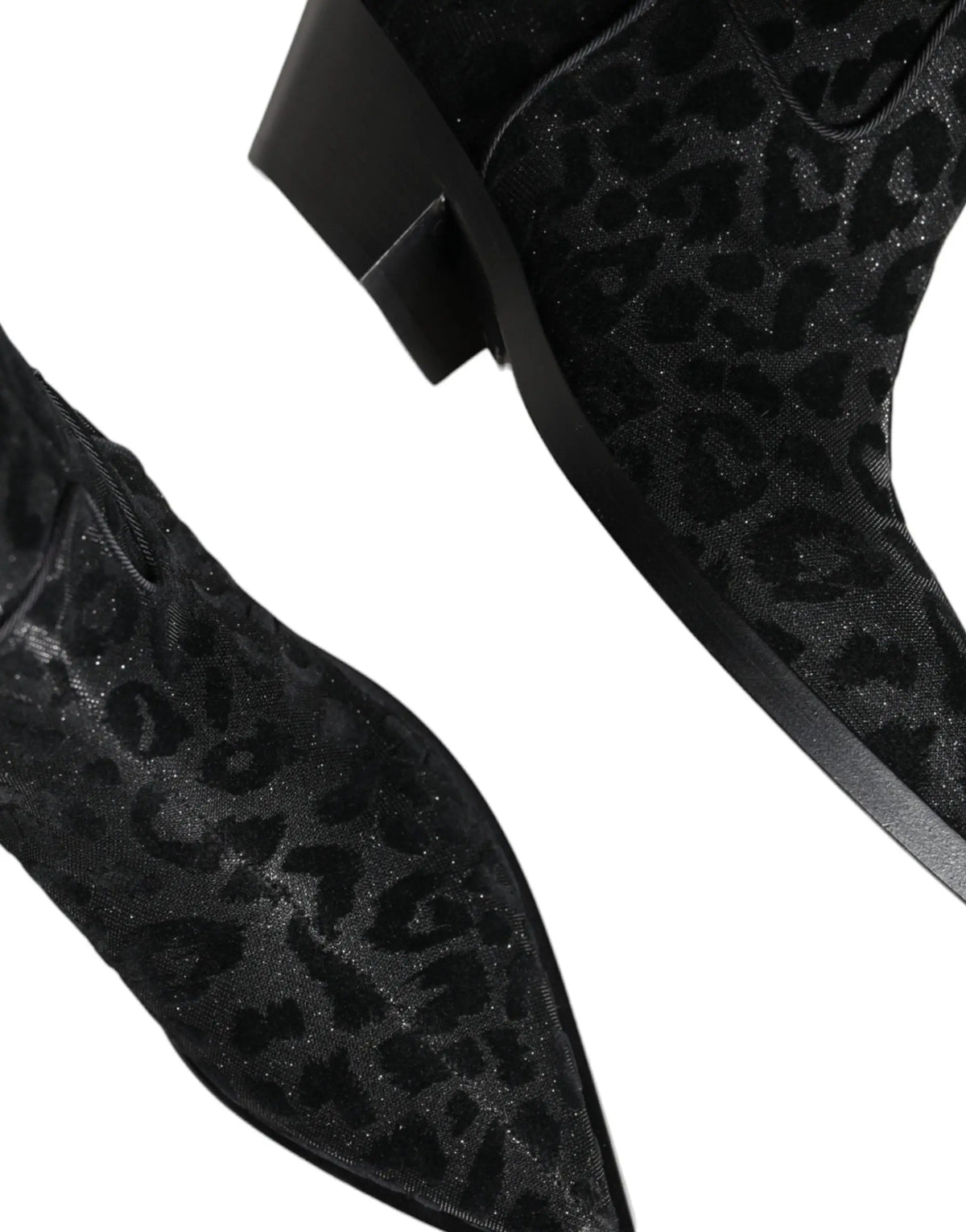 Dolce & gabbana bottines cowboy en velours noir à motif léopard gris avec finition pailletée et talon bloc