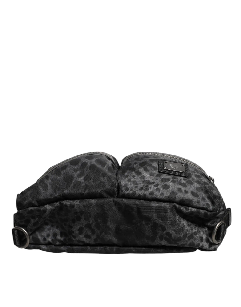 Dolce & gabbana sac banane ceinture léopard noir gris en nylon avec logo dg et compartiments doubles zippés en métal argenté
