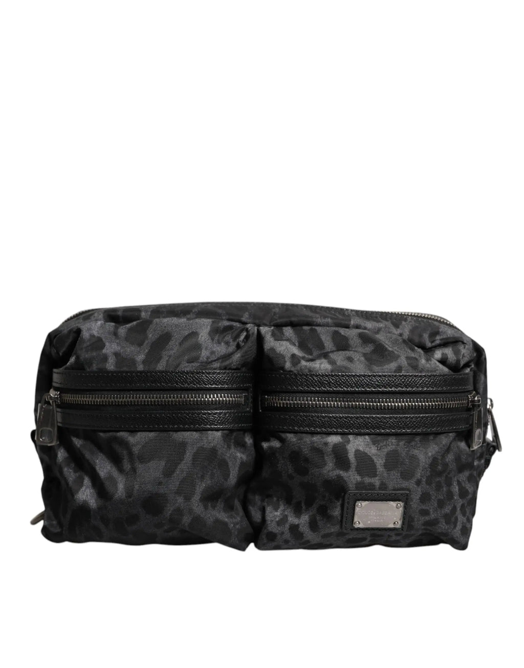 Trousse de toilette dolce & gabbana noire imprimé léopard avec deux fermetures éclair et plaque métallique de marque