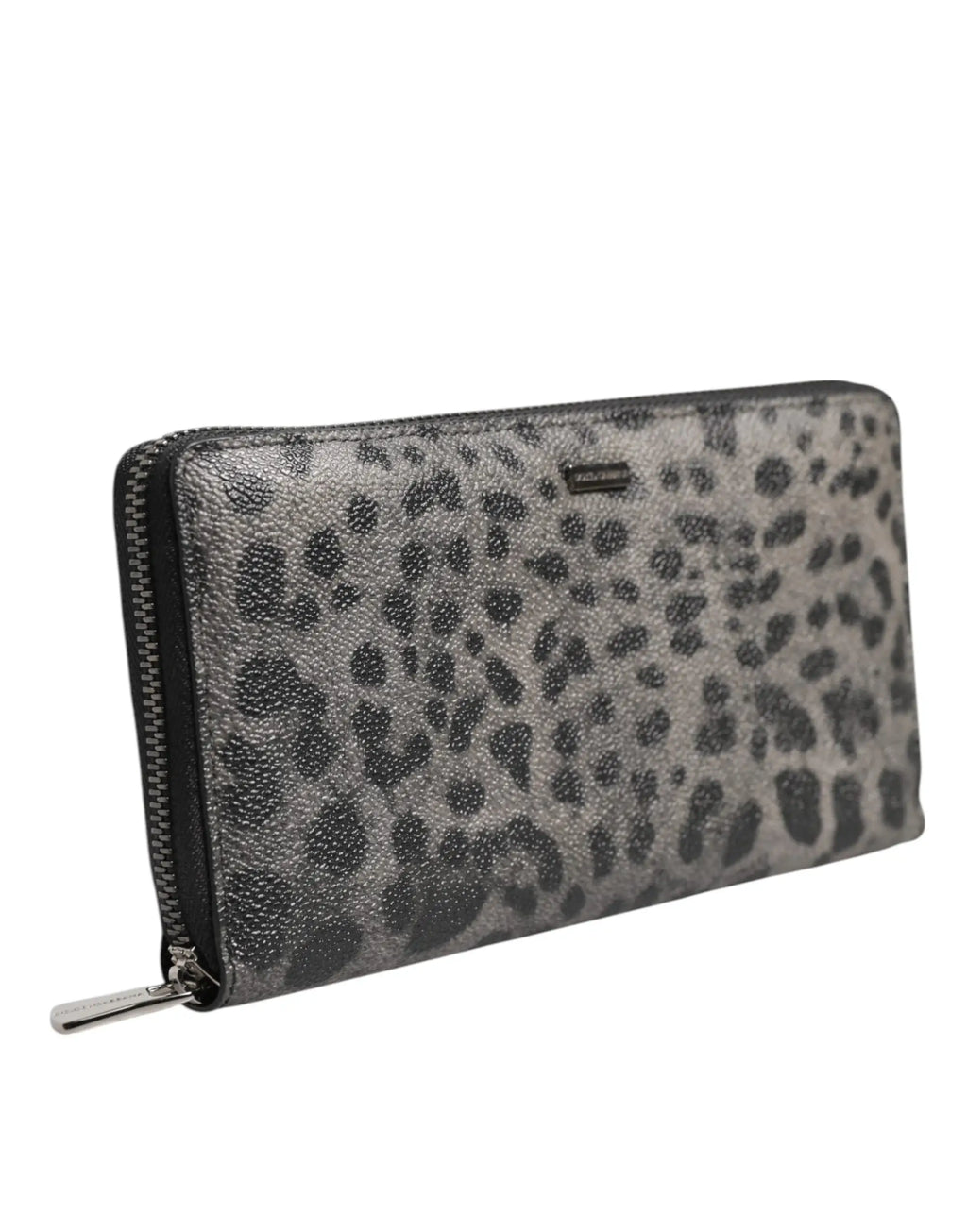 Portefeuille continental zip around dolce & gabbana en cuir noir gris à motif léopard argenté texturé