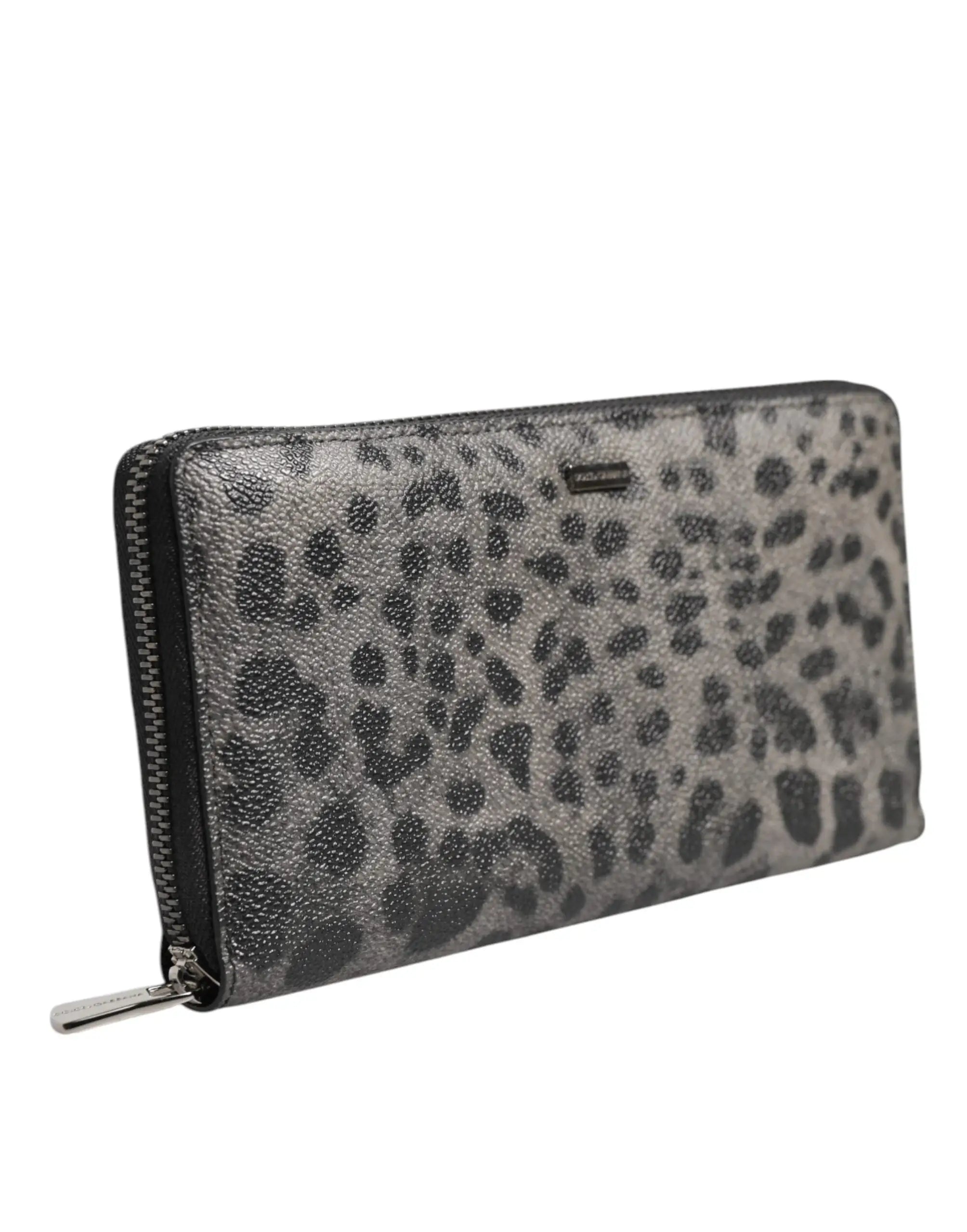 Portefeuille continental zip around dolce & gabbana en cuir noir gris à motif léopard argenté texturé