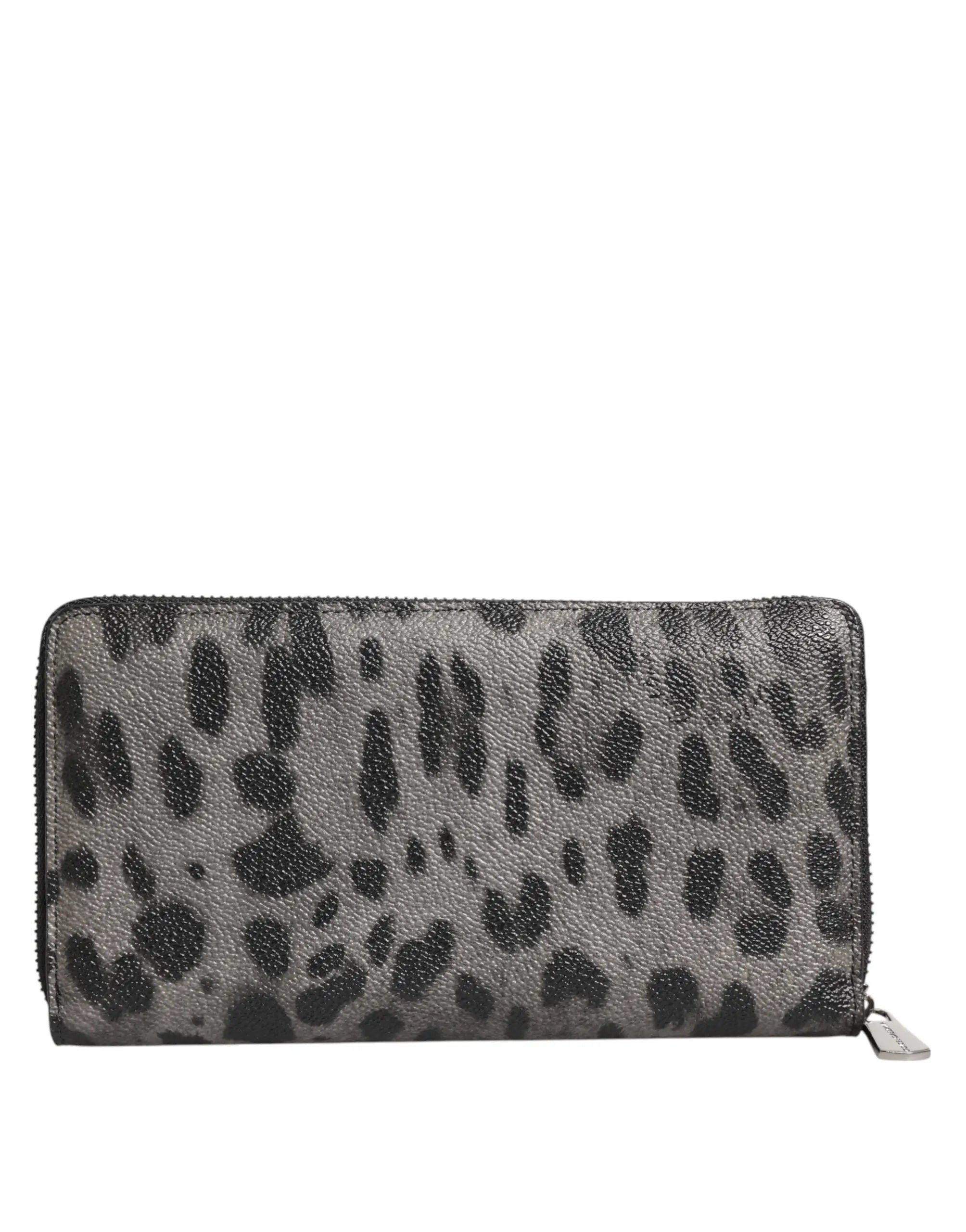 Dolce & gabbana portefeuille continental à fermeture éclair en cuir noir gris imprimé léopard avec surface texturée et tirette argentée