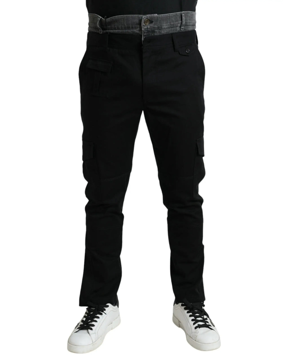 Pantalon cargo noir dolce & gabbana avec taille en denim gris contrastant et plusieurs poches en coton slim