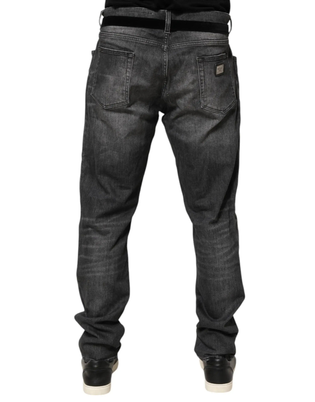 Jean denim dolce gabbana gris noir slim fit avec délavage subtil et détails usés sur les cuisses