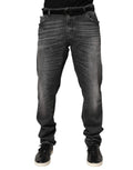 Jean slim droit dolce & gabbana denim gris foncé avec légère décoloration ceinturé et baskets noires
