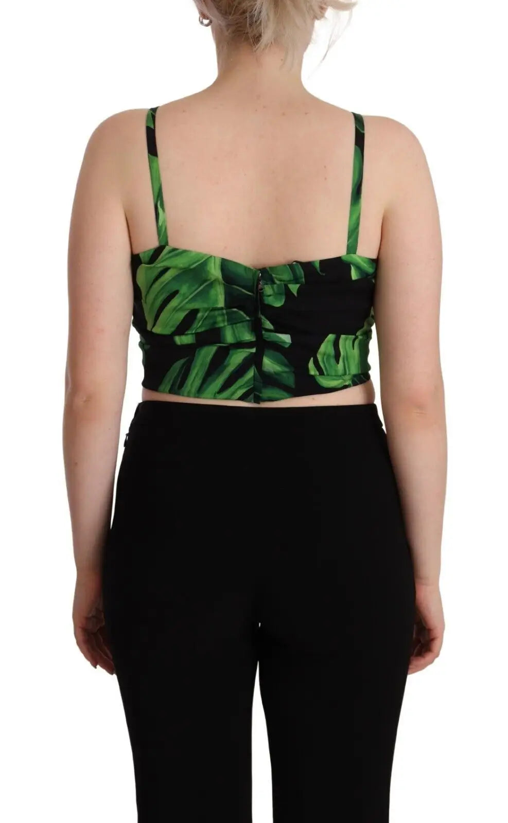Dolce & Gabbana crop top en soie noir et vert à imprimé feuilles tropicales avec fines bretelles