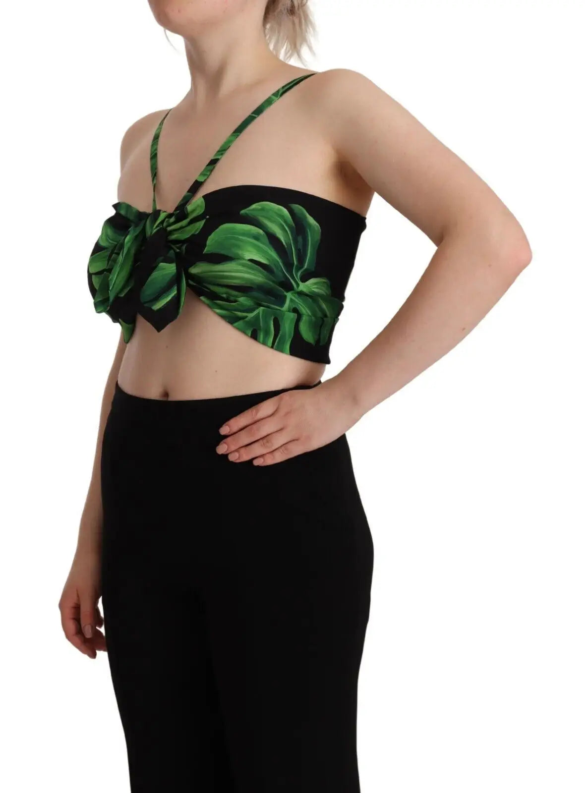 Dolce & Gabbana top court bustier noir en soie avec imprimé feuille monstera verte et grand nœud devant
