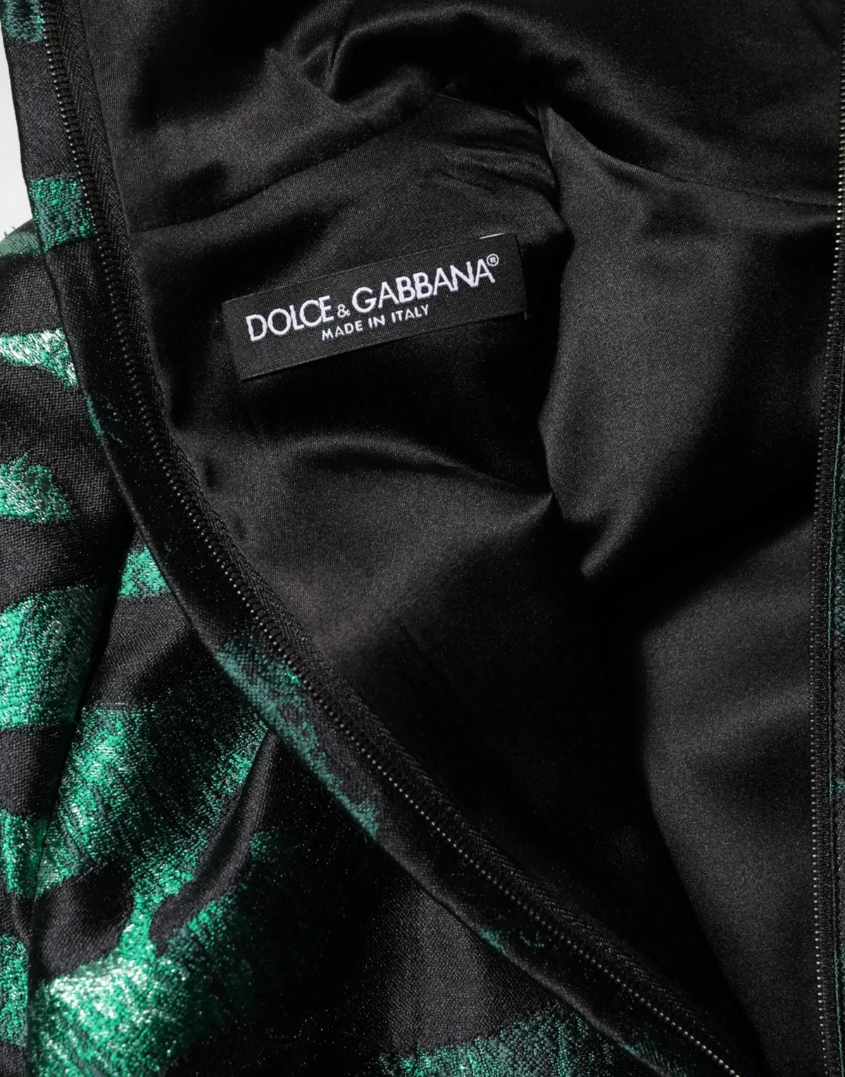 Douce gabbana robe mini jacquard métallique noir vert avec doublure satin noir et étiquette made in italy