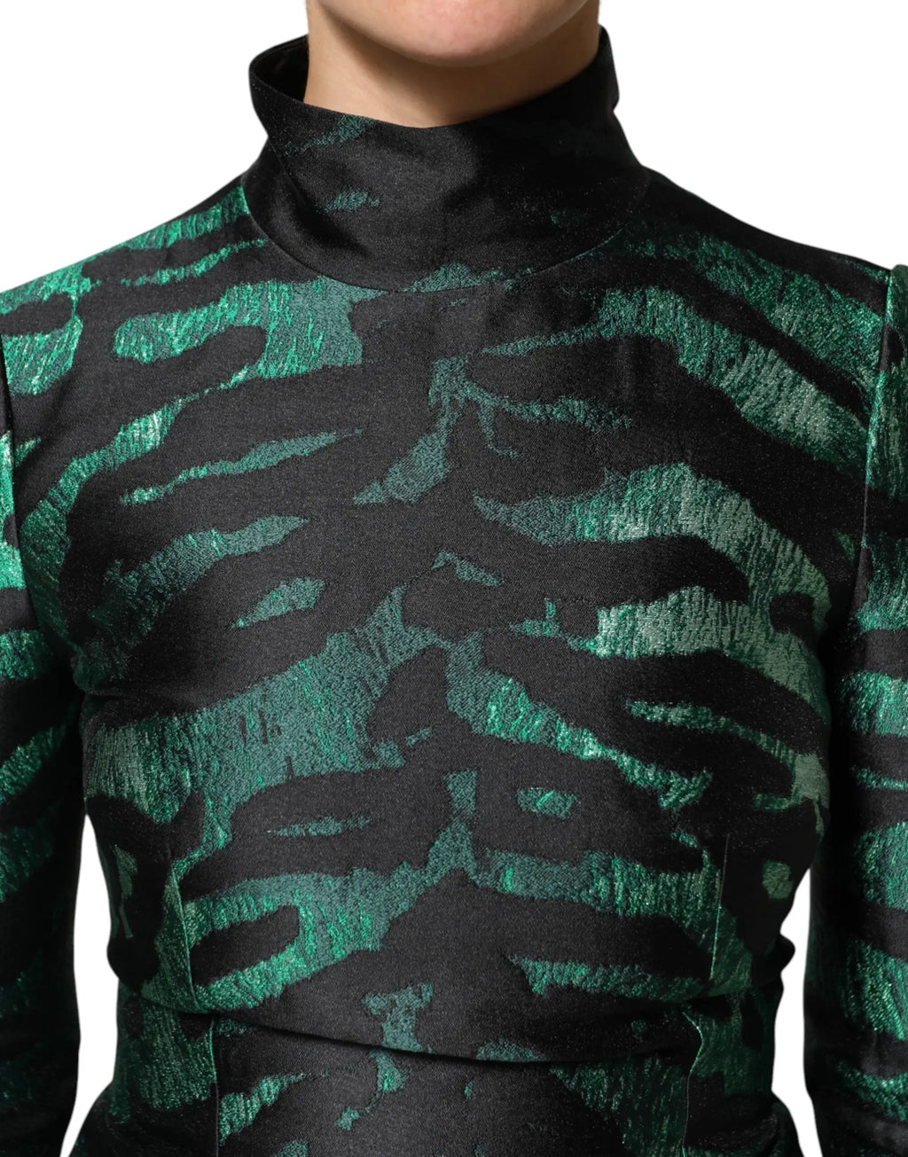 Robe mini à col montant dolce & gabbana en jacquard métallisé noir et vert émeraude motif rayures tigre