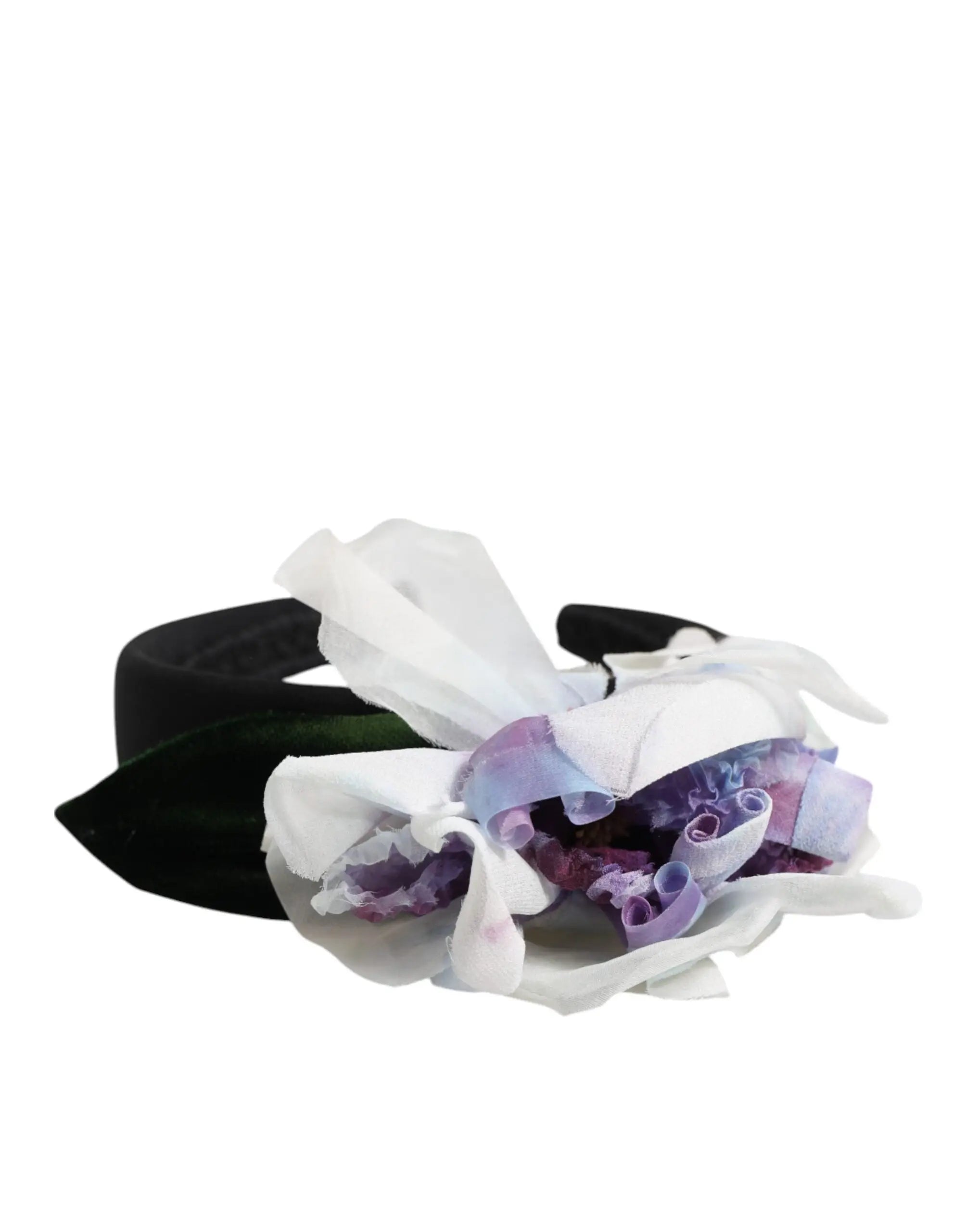 Headband en velours noir dolce & gabbana orné dune application florale blanche et violette en soie et tissu superposé
