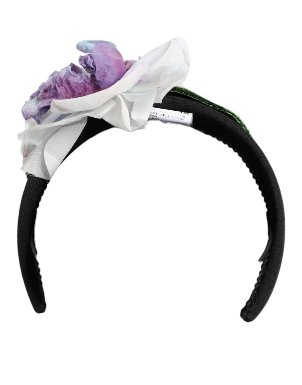 Elegant headband dolce & gabbana noir vert en soie orné d une fleur en tissu blanc et lavande