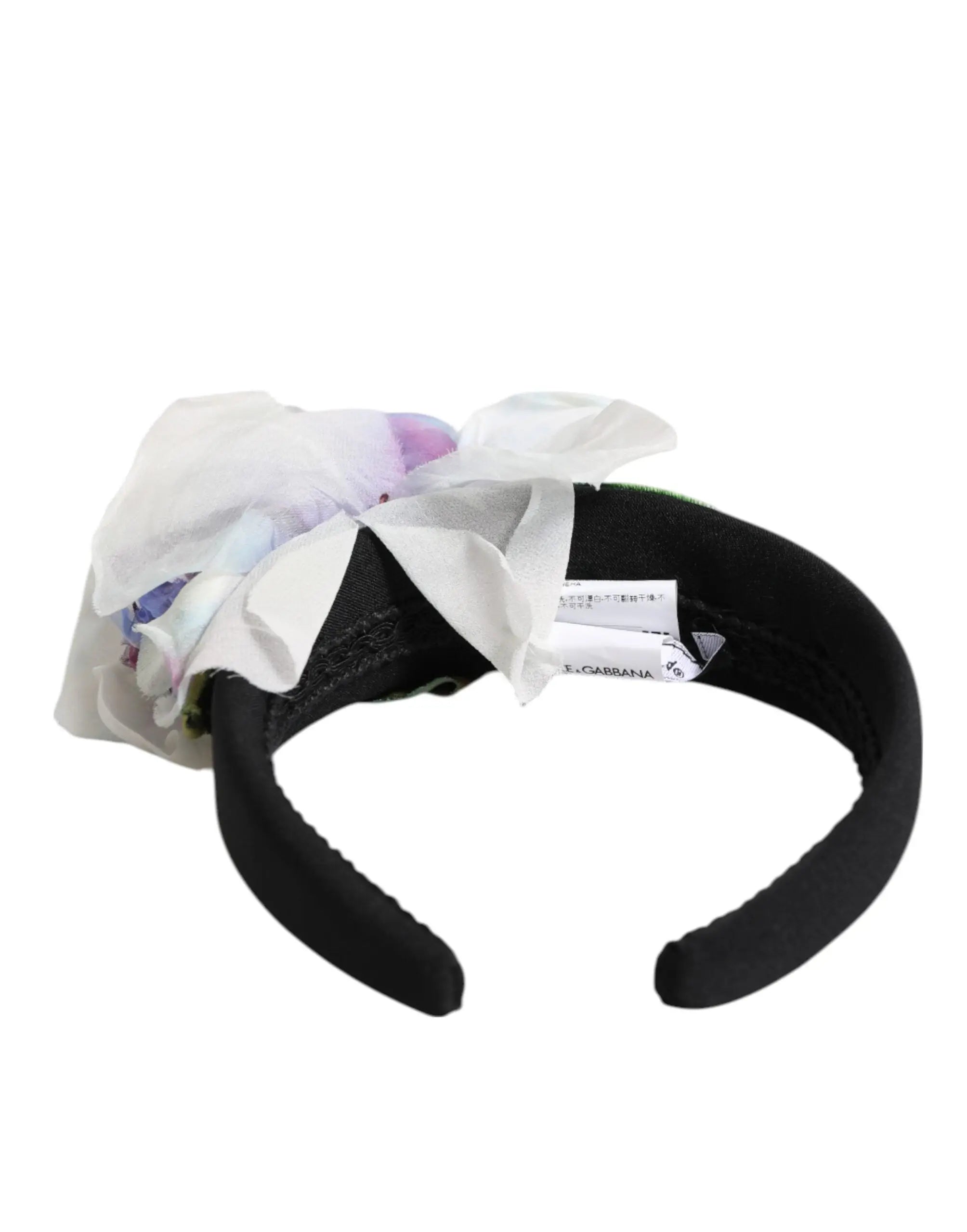 Headband dolce & gabbana en velours noir avec application florale volumineuse blanche et lavande en soie verte et violette