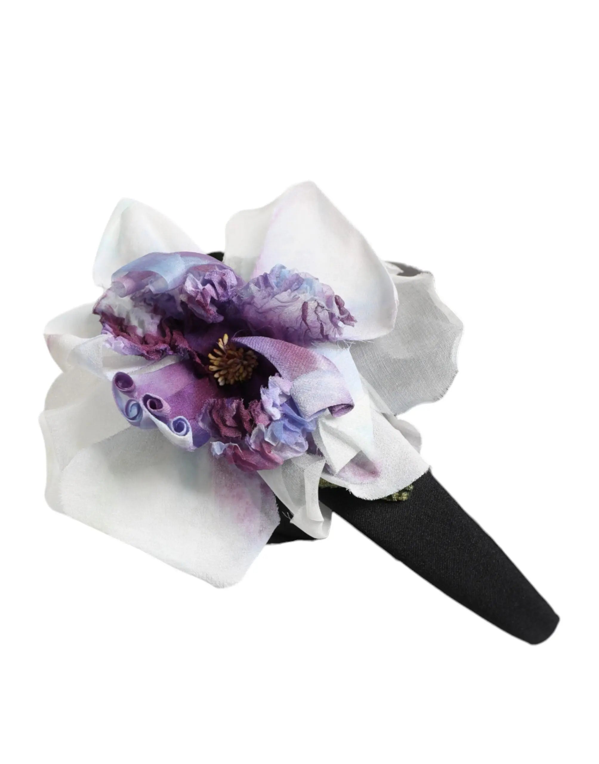 Dolce & gabbana black green silk purple white floral appliqué headband with layered fabric petals and gold-toned center on black band
