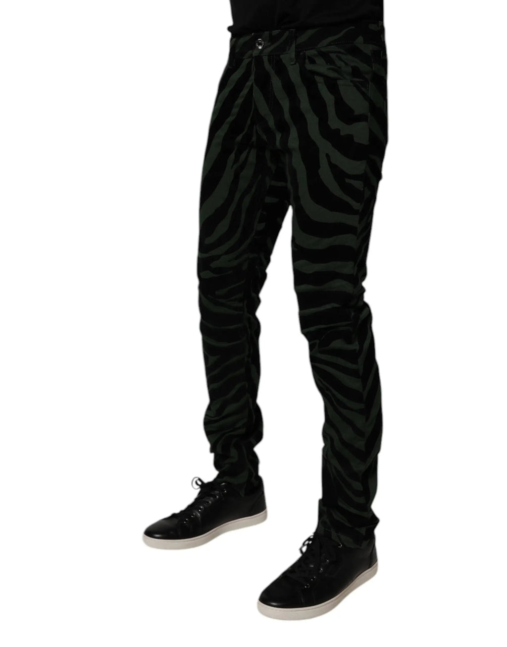 Pantalon en velours noir à imprimé zèbre associé à jean skinny en coton rayé noir et vert dolce & gabbana