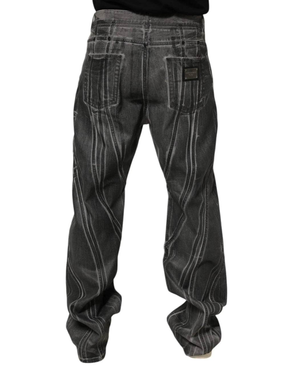 Jean denim noir gris dolce gabbana avec lignes blanches audacieuses cousues sur les jambes