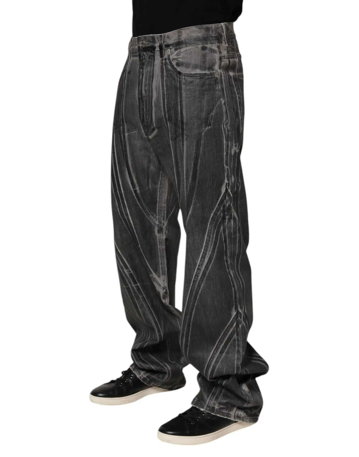 Dolce & gabbana pantalon en jean gris foncé large avec motif graphique blanc abstrait usé