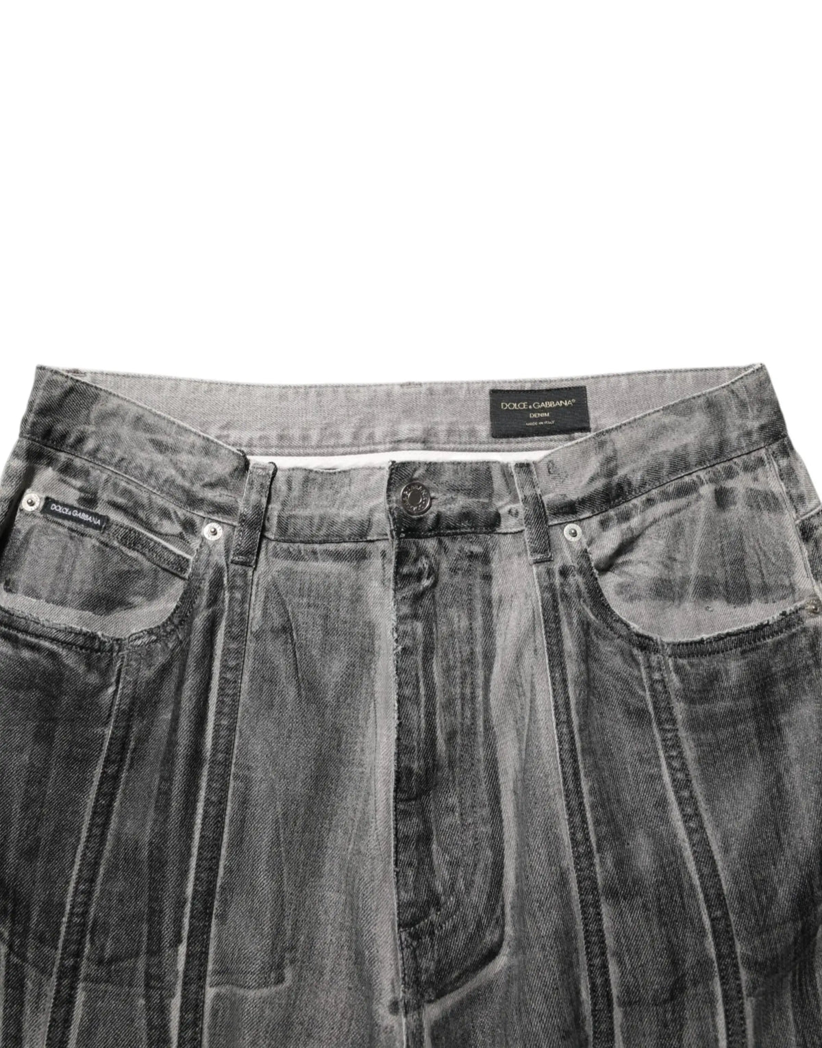 Dolce & gabbana black grey graphic print denim pants jeans en jean foncé avec cinq poches et décoloration subtile