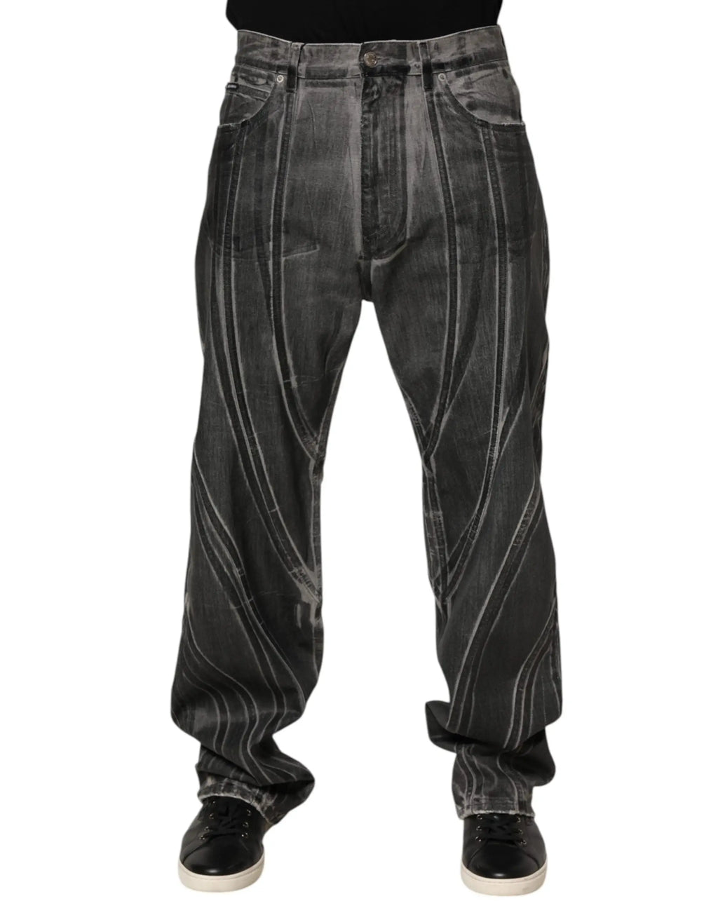Jean en denim gris foncé dolce & gabbana avec motif graphique blanc abstrait vertical sur les jambes