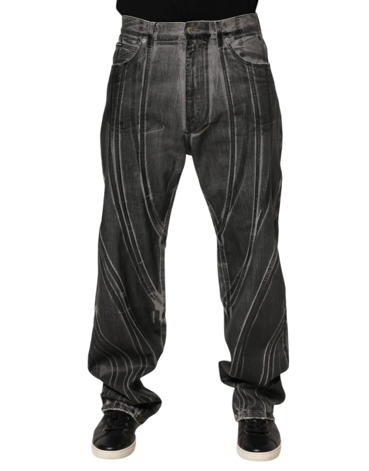 Jean en denim gris foncé dolce & gabbana avec motif graphique blanc abstrait vertical sur les jambes
