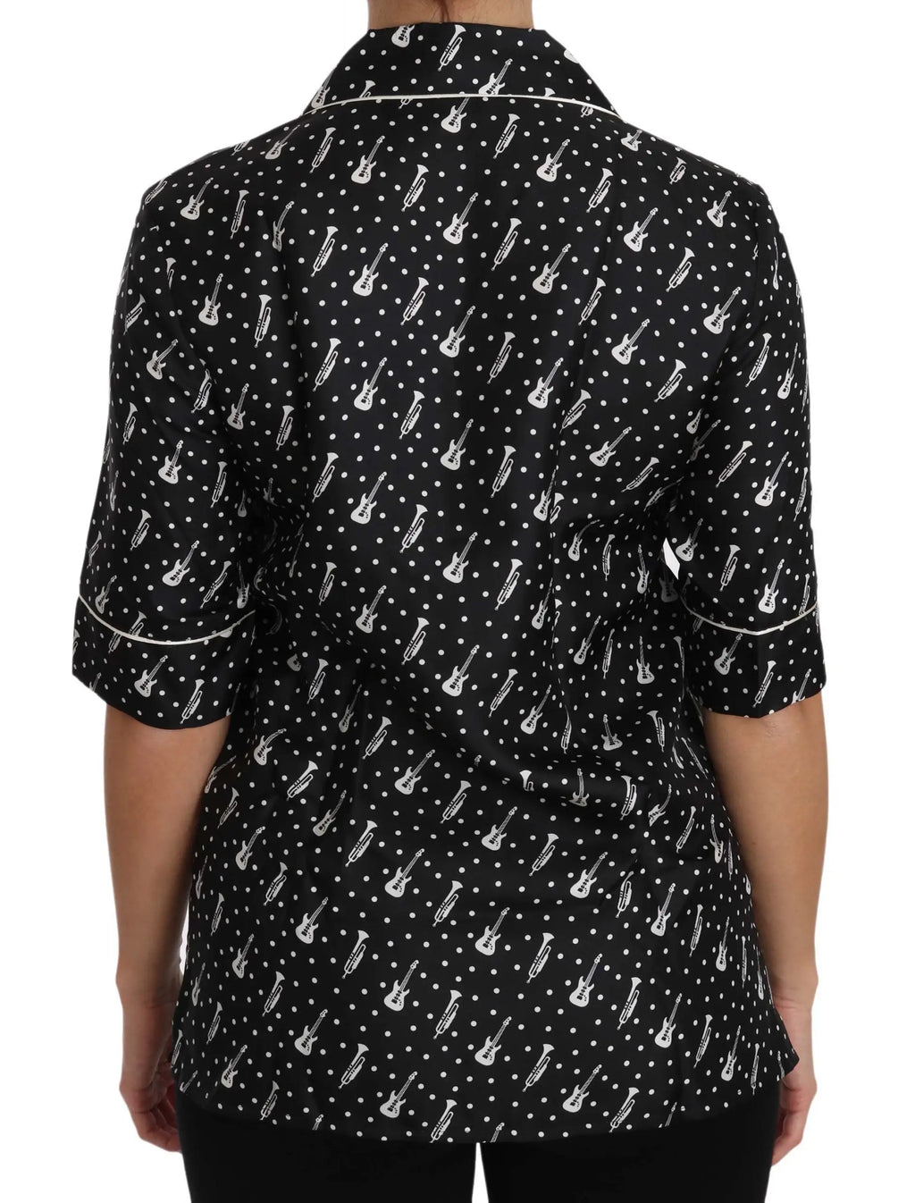 Dolce & Gabbana chemise noire en soie avec motifs guitare et trompette blanc et motifs à pois subtils