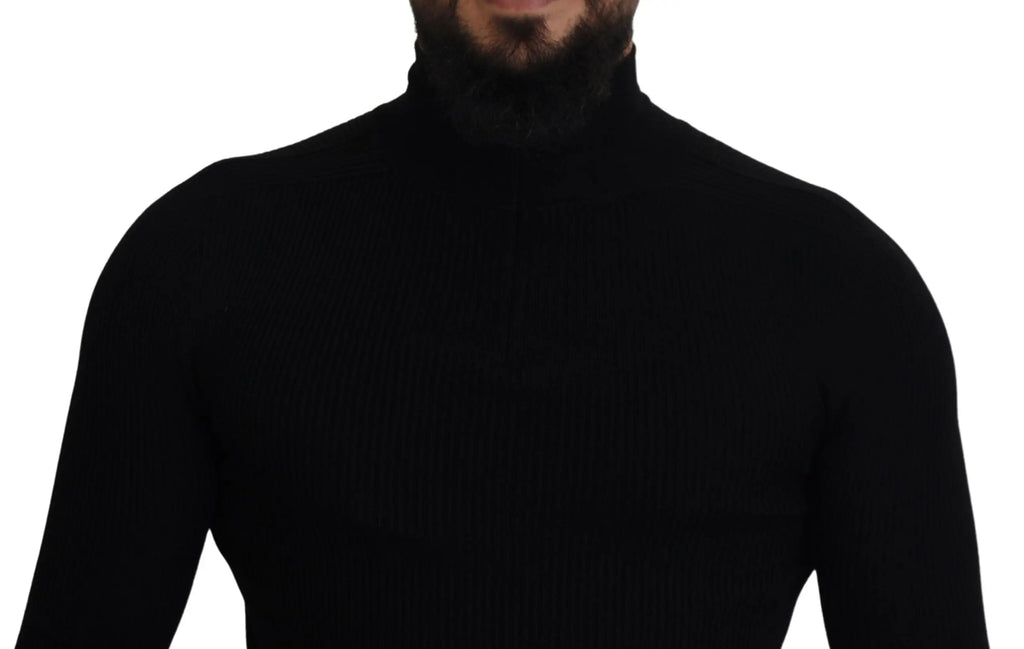 Pull à col roulé noir dolce & gabbana à demi-fermeture éclair en maille lisse et ajustée