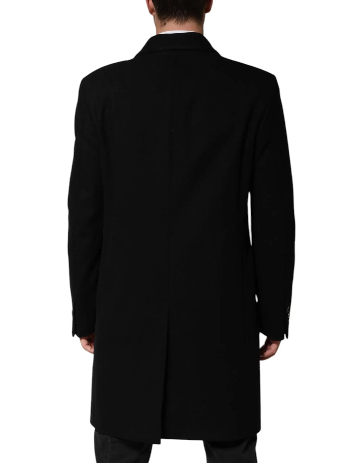Manteau en laine noir dolce gabanna avec revers crantés et couture centrale vue de dos