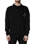 Dolce & gabbana pull-over noir en maille de soie avec col polo côtelé et blason doré brodé sur la poitrine