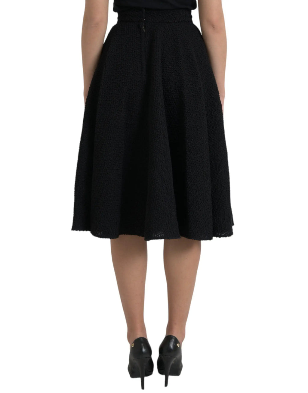 Jupe noire à taille haute dolce gabbana en a ligne texturée avec taille ajustée et ourlet évasé au genou