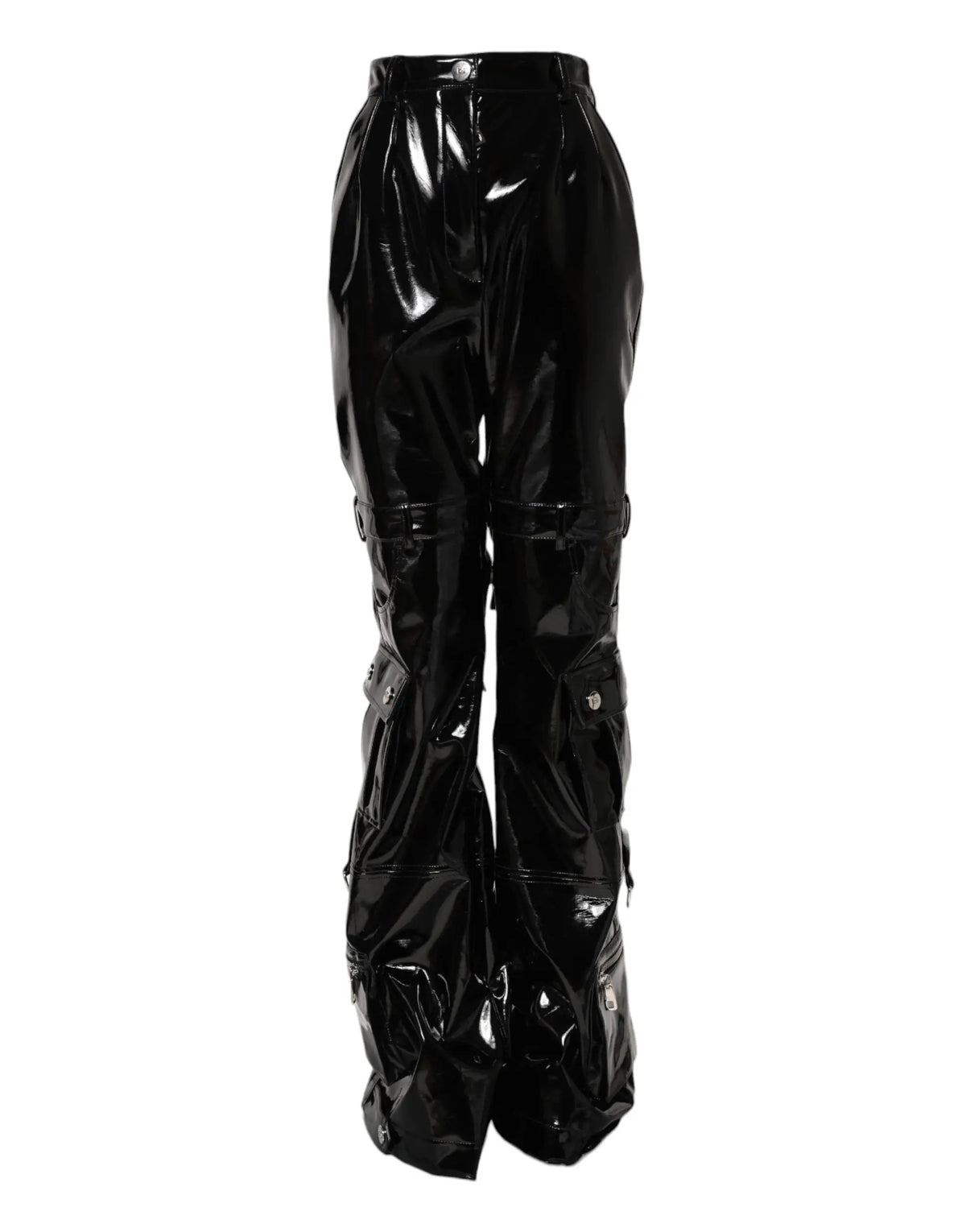 Pantalon cargo noir en cuir verni dolce & gabbana taille haute avec poches multiples style bootcut
