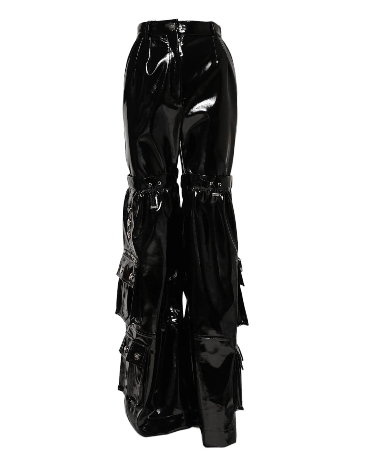 Dolce & Gabbana pantalon cargo noir en cuir patent à taille haute avec plusieurs poches et coupe bootcut