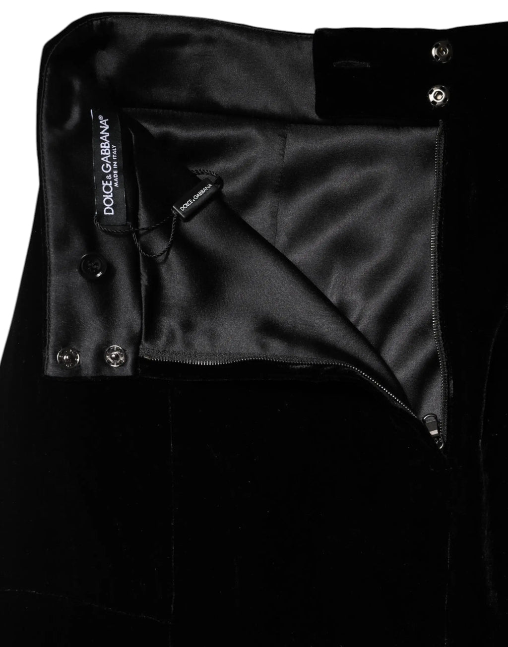 Dolce & gabbana jupe midi évasée noire taille haute en velours avec doublure satinée et détails argentés