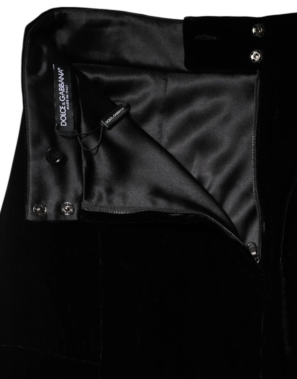 Dolce & gabbana jupe midi évasée noire taille haute en velours avec doublure satinée et détails argentés