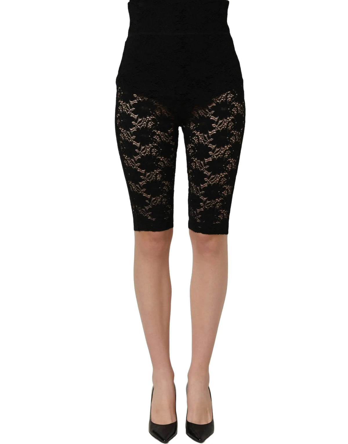 Shorts de vélo noirs en dentelle florale transparente taille haute dolce gabbana vue de dos