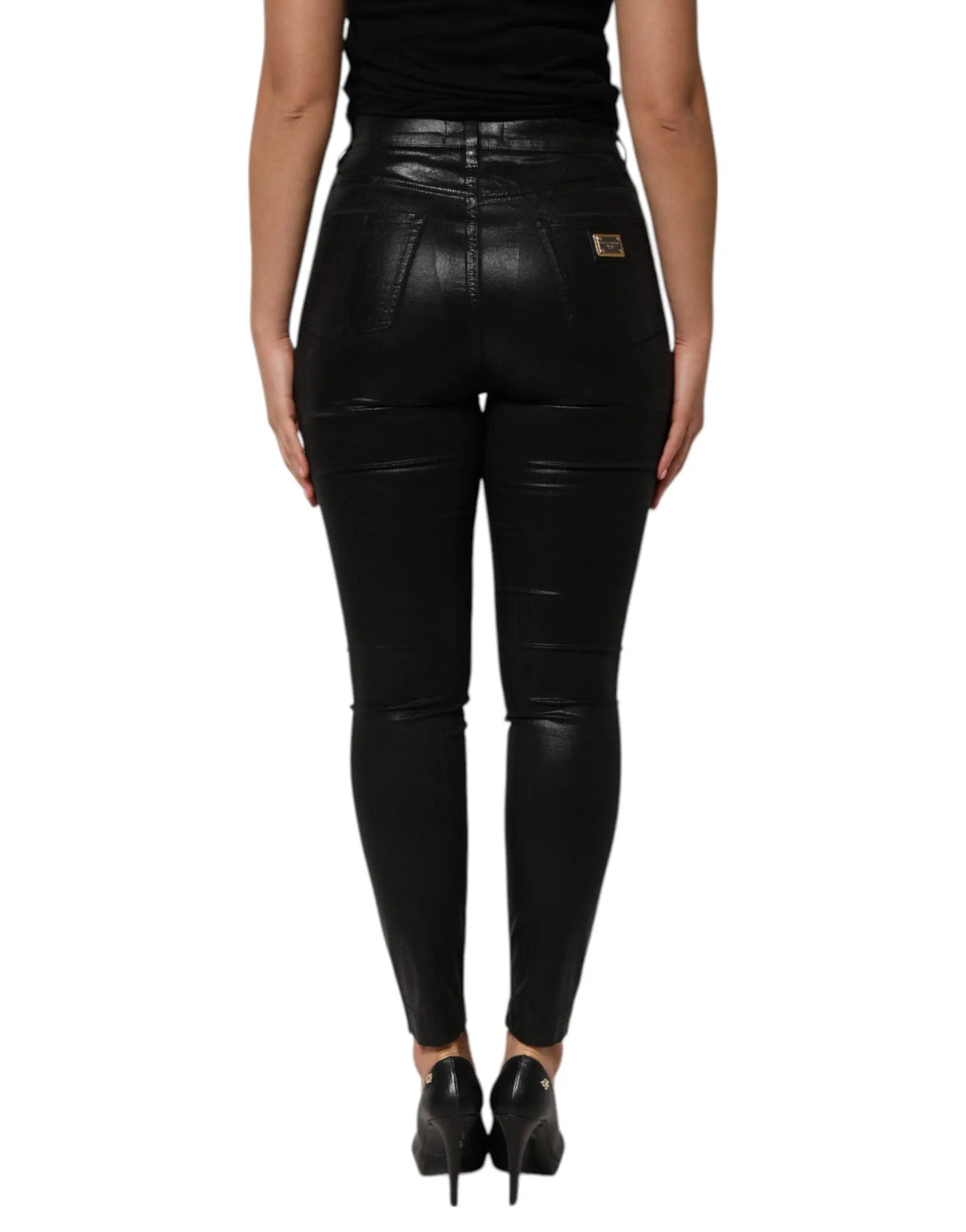 Dolce & Gabbana jean skinny noir taille haute en similicuir brillant avec coutures discrètes grace denim