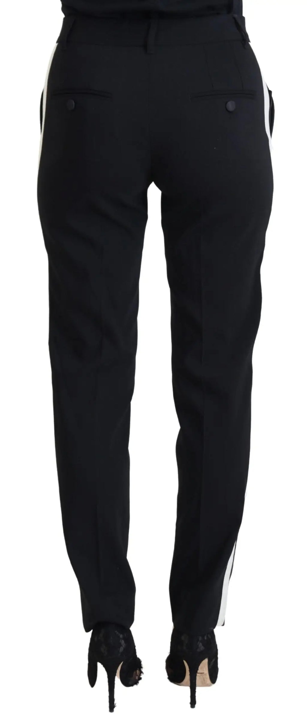 Pantalon femme dolce & gabbana noir taille haute avec rayures blanches sur les côtés et poches arrière boutonnées vue dos