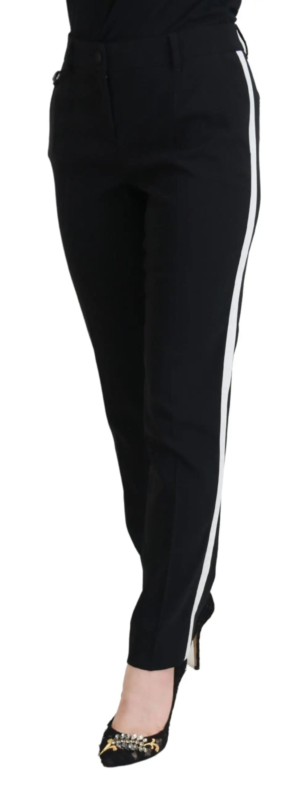 Pantalon femme dolce gabbana noir taille haute avec bande blanche latérale et fermeture éclair à la cheville