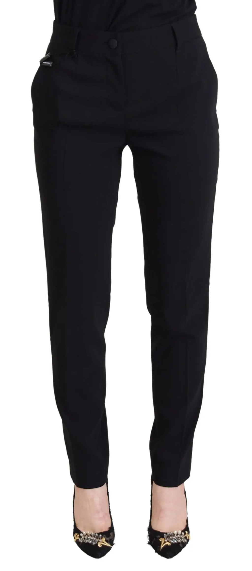 Pantalon femme dolce gabbana noir taille haute en tissu avec coupe droite et détails discrets dorés aux poches