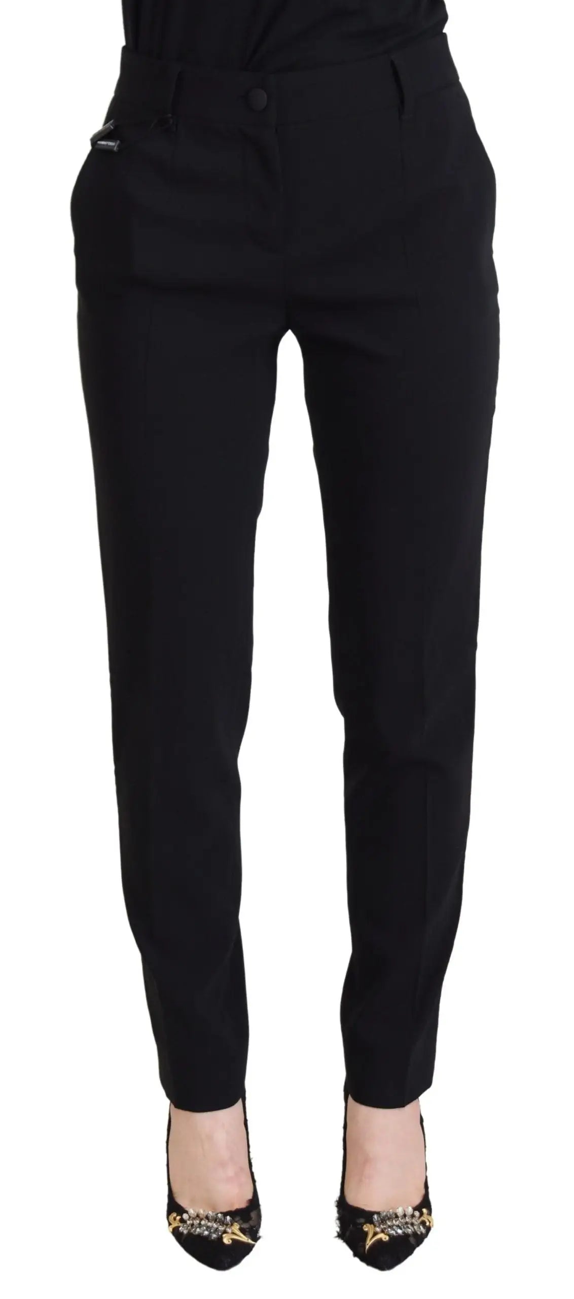 Pantalon femme dolce gabbana noir taille haute en tissu avec coupe droite et détails discrets dorés aux poches