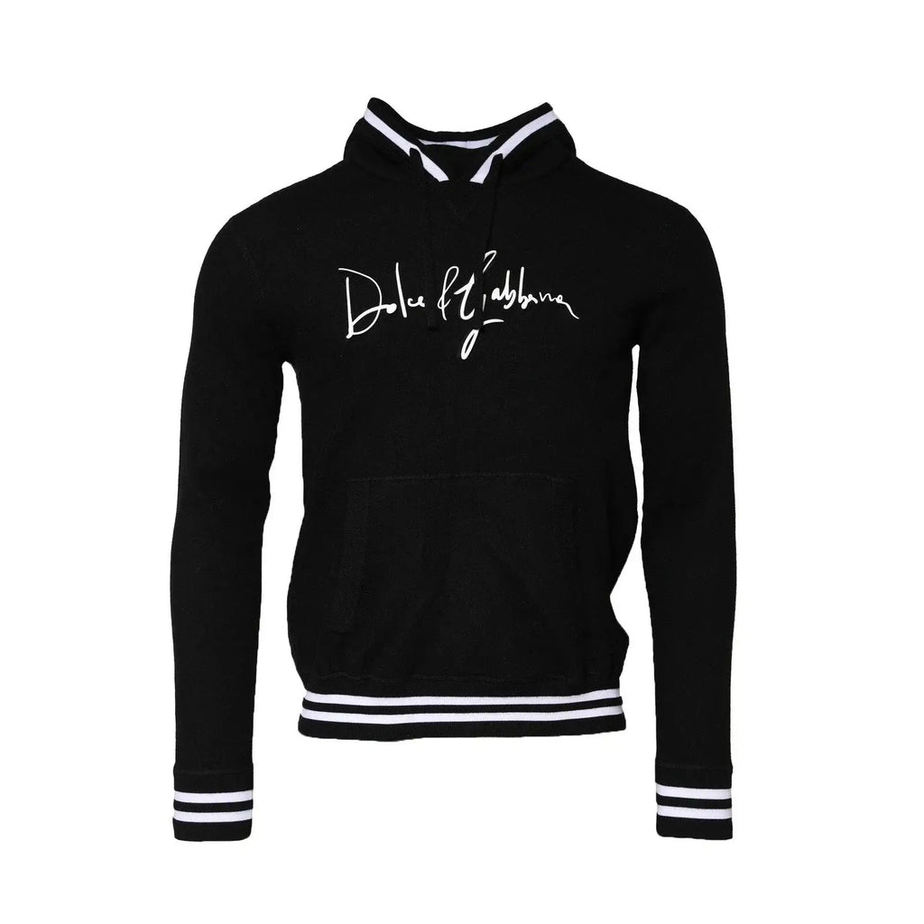 Dolce & gabbana sweat à capuche noir avec logo blanc cursif et bandes aux poignets col et ourlet