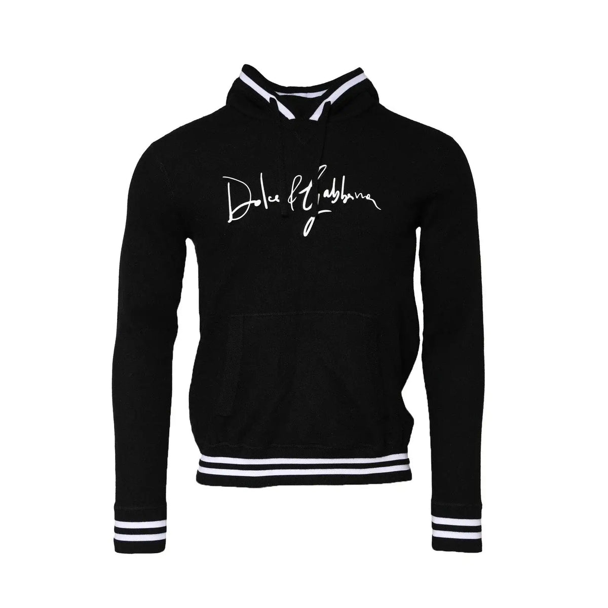 Dolce & gabbana sweat à capuche noir avec logo blanc cursif et bandes aux poignets col et ourlet