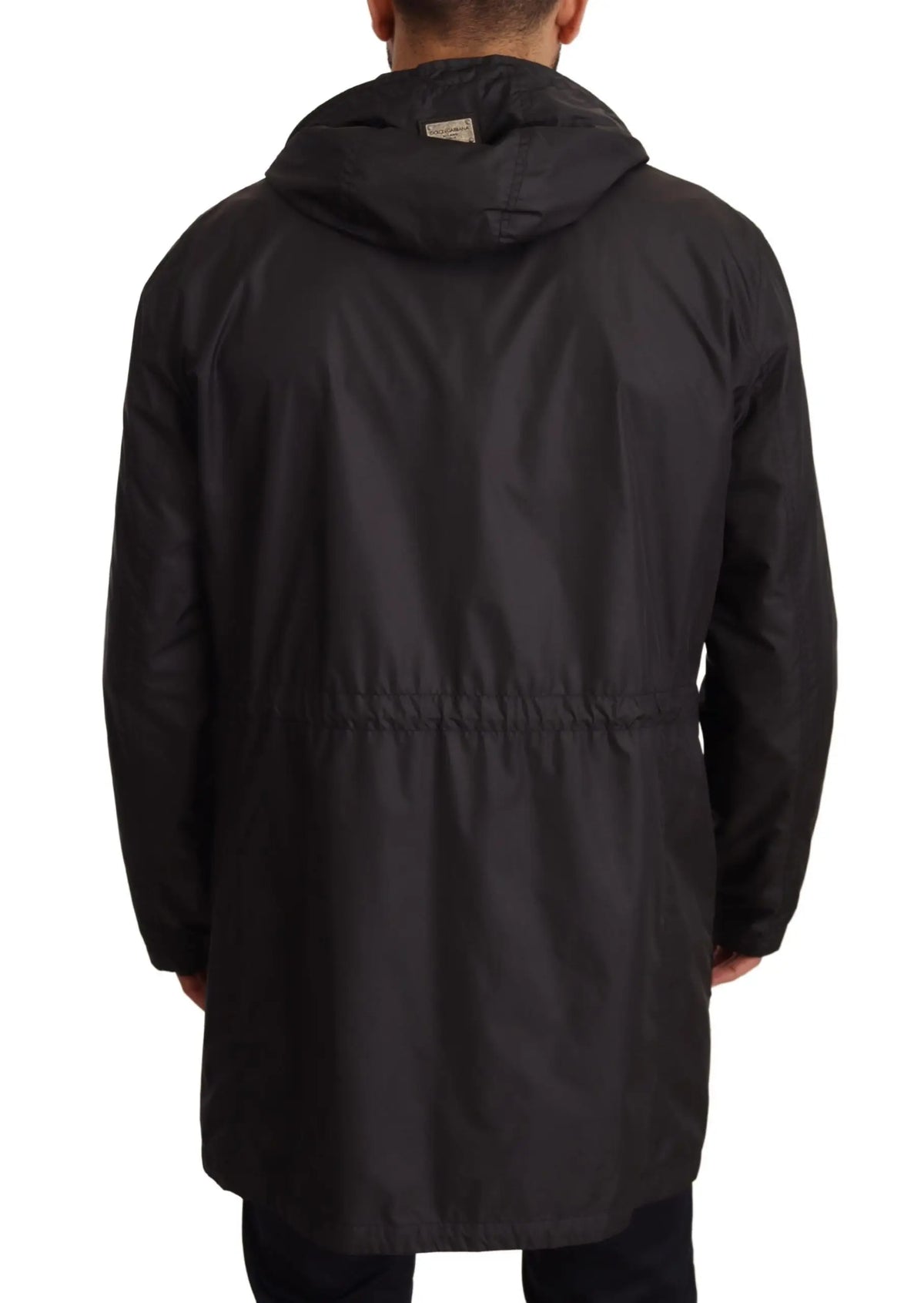 Dolce & gabbana trench coat homme noir à capuche avec taille réglable en tissu lisse et déperlant