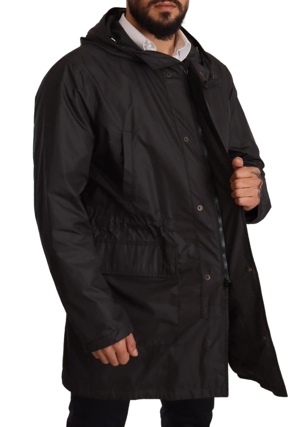 Dolce & gabbana trench coat homme noir imperméable avec capuche et boutons fermeture avant