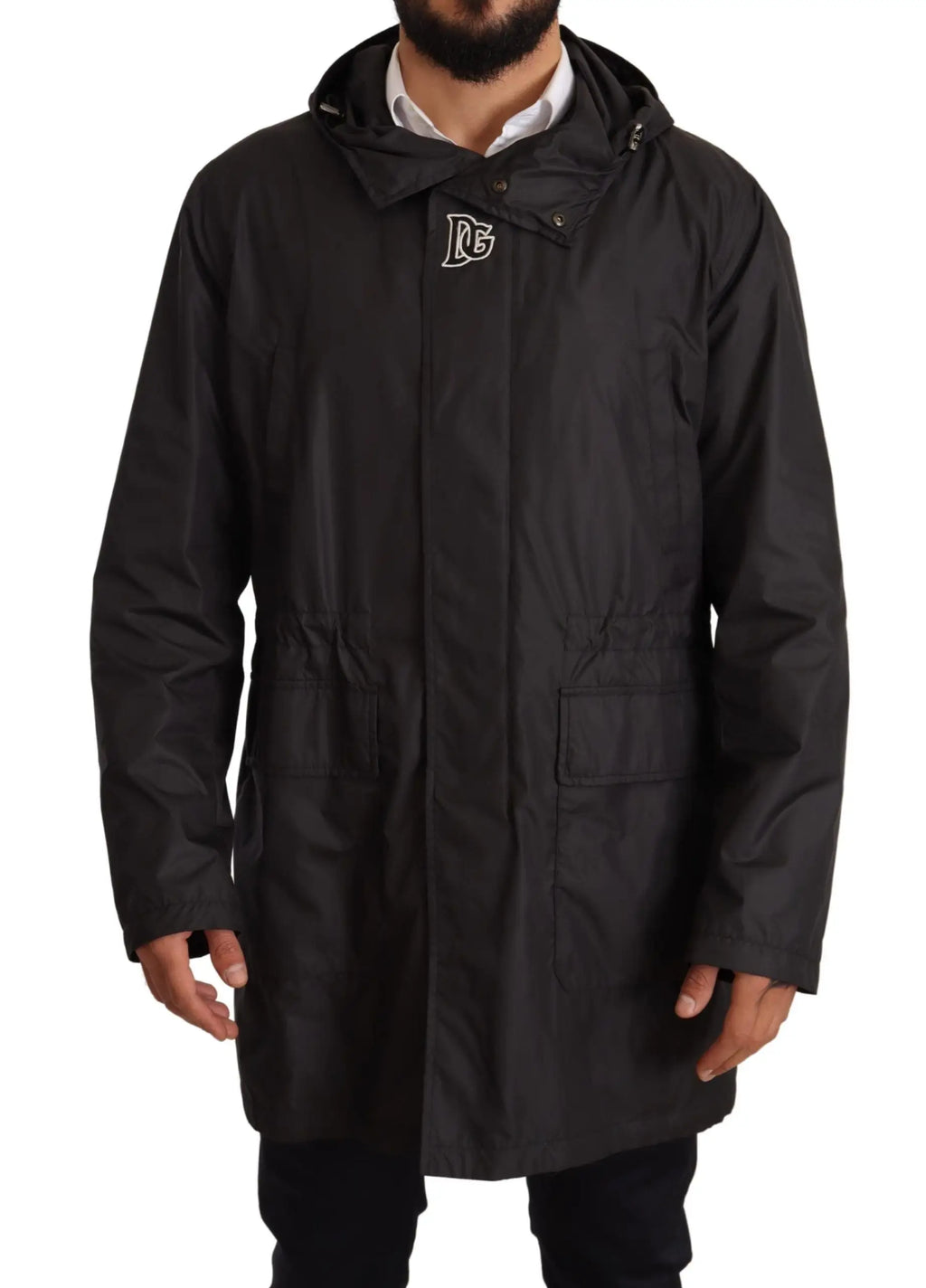 Dolce & Gabbana trench coat noir pour homme avec capuche et poches avant en tissu résistant
